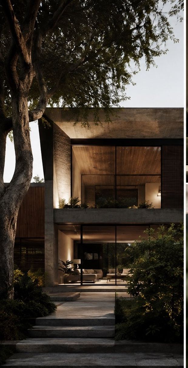 Casa Arbórea, fachada al atardecer